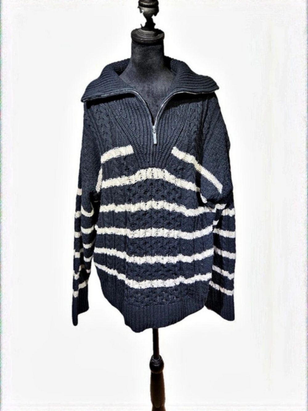 LA LIGNE X Target Navy And White Striped Quarter-Zip Cable Knit Sweater Size 2X